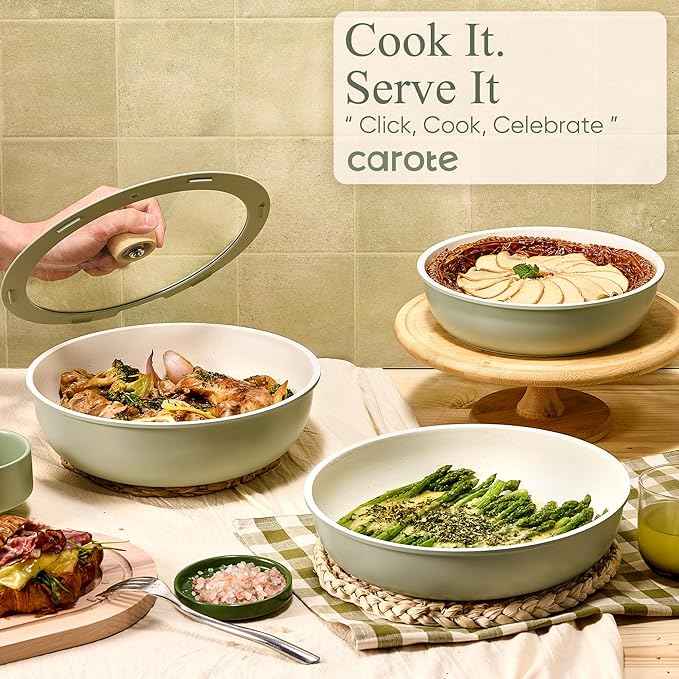 CAROTE 25pcs Pots and Pans Set Non Stick, Cookware Sets, Kitchen Set, Oven/Dishwasher/Fridge Safe, Space Saving Pots Set, Nonstick Set with Versatile Detachable Handle, Induction RV Set, Green