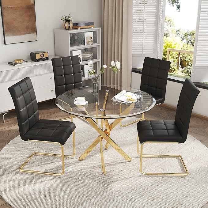 AF ARTISAN FURNITURE 5 Piece Round Glass Dining Table Set, Gold Glass Kitchen Table Set for 4 Modern Table Set with 4 Black PU Upholstered Dining Chairs, for Small Space, Breakfast Nook