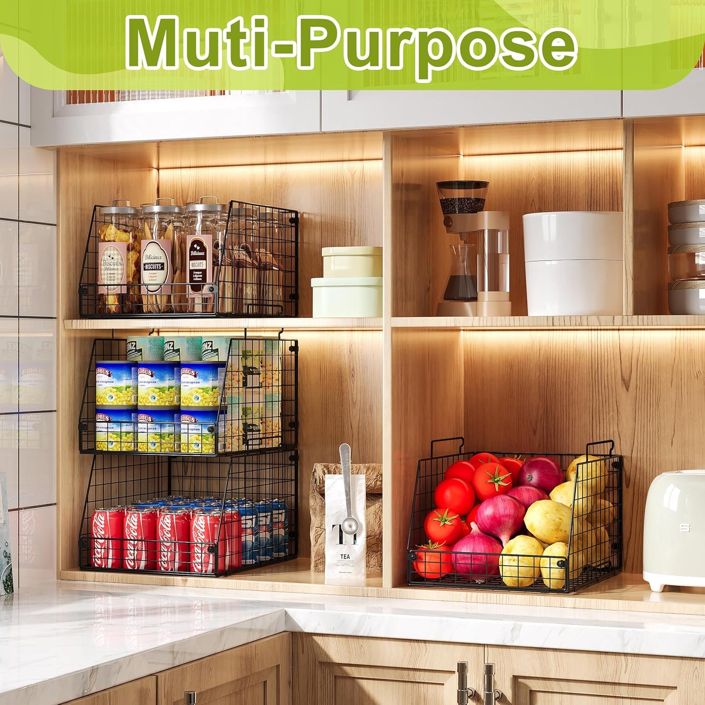 4 Pack XXL Stackable Wire Storage Basket, Extra Large Capacity Pantry Organizer and Storage, Muti-Purpose for Fruit Vegetable Basket & Toy Bin & Snack Organizer
