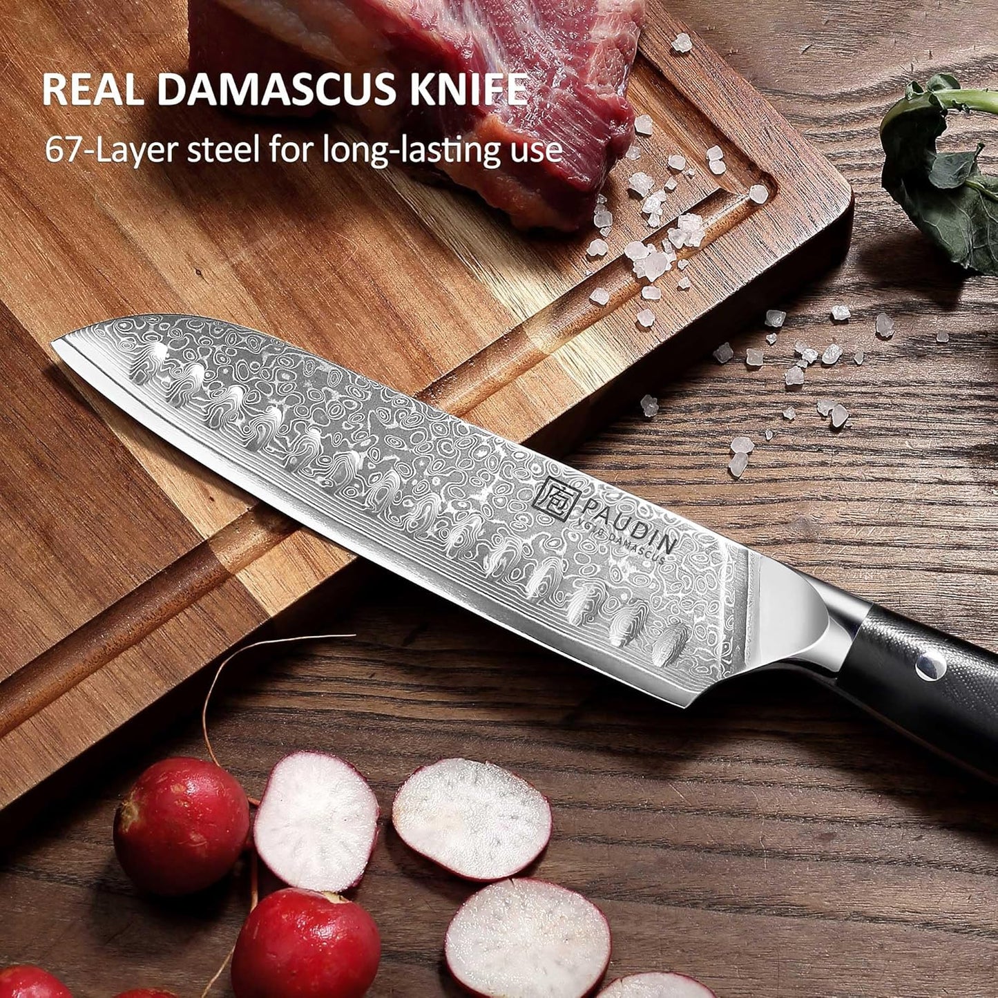 PAUDIN Damascus Knife Set 3 PCS, Japanese VG10 Steel Core, Ultra Sharp Chef Knife Set, Full Tang G10 Handle, Damascus Kitchen Knives