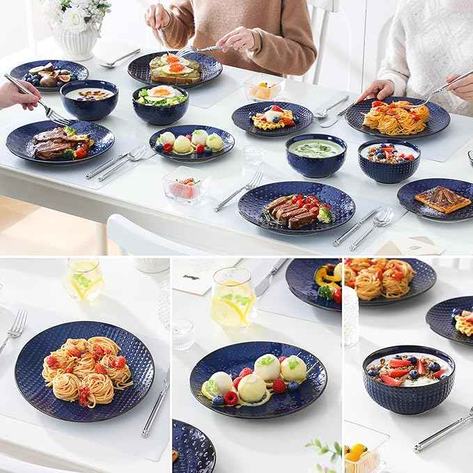 MALACASA 12 Pieces Dinnerware Sets, Modern Plates and Bowls Sets, Blue Dish Set for 4, Kitchen Ceramic Dinner Plates Dishware Set, Microwave and Dishwasher Safe, Series LYDIA