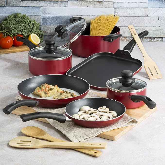 Ecolution Easy Clean Nonstick Cookware Set, Dishwasher Safe Kitchen Pots and Pans Set, Comfort Grip Handle, Even Heating, Ultimate Food Release, 12-Piece, Red
