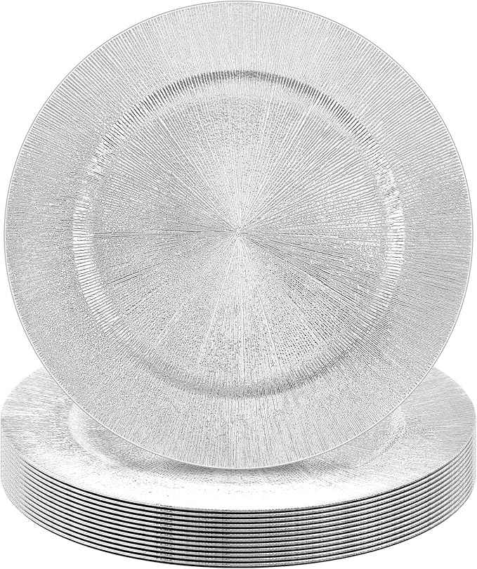 Tanlade 12 Pcs Charger Plates Bulk 13 Inch Plastic Round Wedding Chargers Floral Decorative Plates with Metallic Ruffled Rim for Wedding Party, Holiday Event Supplies(Silver)