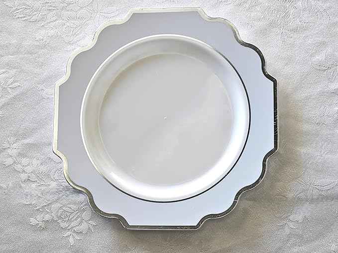 " OCCASIONS " 200 Piece set (25 Guests)-Wedding Plastic Plates & cutlery -Disposable heavyweight Dinnerware 10.5'', 8''+Silverware+10oz Cups+Napkins (Imperial in White & Blue & Silver)