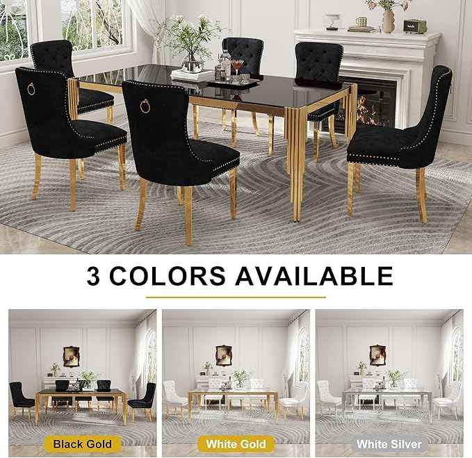78'' Modern Glass Dining Table for 6-8 People,Black Tempered Glass Top Dining Room Table with Stainless Steel Base, Glass and Gold Dining Table for 6, Rectangle Dining Kitchen Table for Dinner