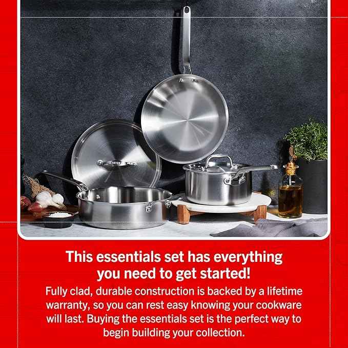 Heritage Steel Eater Series 5 Piece Essentials Set | Made in USA | 5 Ply Fully Clad Stainless Steel Cookware Set | Stay Cool Handle | Induction Ready & Non-Toxic
