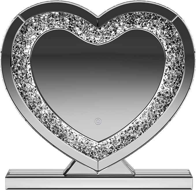 Coaster Home Furnishings - Euston - Wood - Heart Vanity Mirror with Built-in LED Light, Acrylic Crystal Inlay, Decorative Shape and Freestanding Base - Bedroom - Silver - 961528