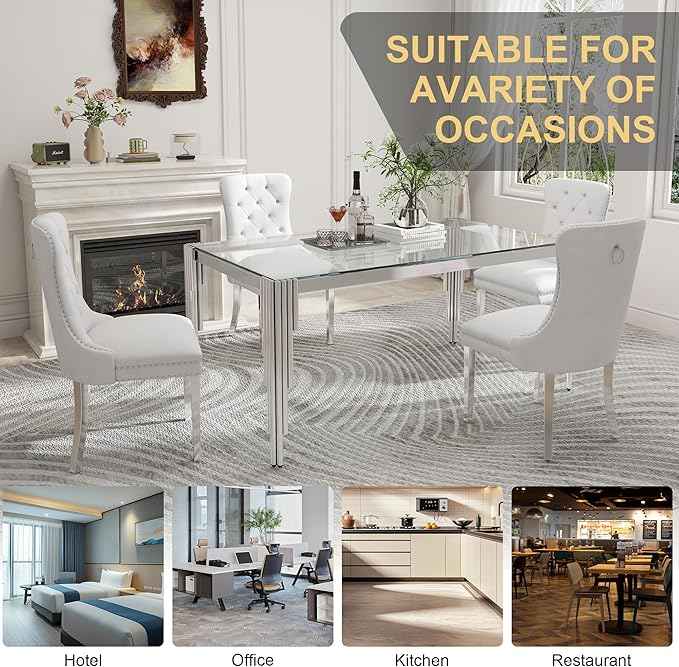 63'' Modern Glass Dining Table for 4-6 People,Tempered Glass Top Dining Room Table with Stainless Steel Base, Glass and Silver Dining Table for 6, Rectangle Dining Kitchen Table for Dinner