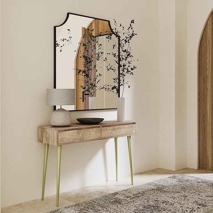 SIMPLIHOME Jager Console Table - 48 Inch Wide Solid Mango Wood Sofa Table in Natural, Mid-Century Modern Storage Table for Entryway or Living Room with 2 Drawers, Brass Inlay, and Gold Metal Legs