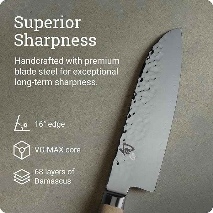 Shun Premier Blonde 7" Santoku Knife, Handcrafted and Hand-Sharpened Japanese All Purpose Knife, VG-MAX Core with Damascus Stainless Steel Cladding, Pakkawood Handle, Versatile Japanese Cutting Tool