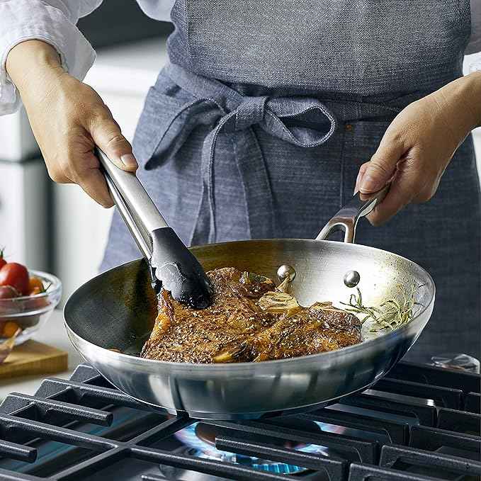 KitchenAid 3-Ply Base Brushed Stainless Steel Induction Pots and Pans Set with Nonstick Round Grill Pan and Lids, Dishwasher Safe, 10 Piece Cookware Set, Brushed Stainless Steel