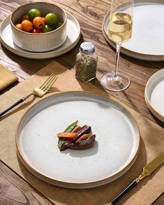 Stoneware Dinnerware Sets, Handcrafted Double Reactive Glaze Plates and Bowls for Everyday & Formal Dining, Microwave & Dishwasher Safe, Scratch Resistant Dishes for 4 (12-Piece), Cappuccino White