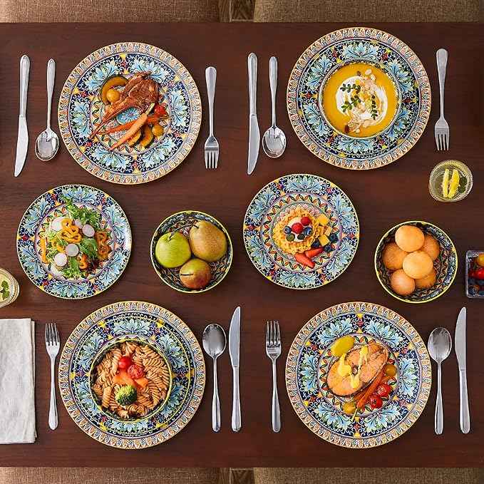 vancasso 12 Pieces Dinnerware Sets, Yellow Plates and Bowls Set, Porcelain Dishes Set for 4, Microwave and Dishwasher Safe, Scratch Resistant, Bohemian Style Dining Ware Service for 4, Series SIMI