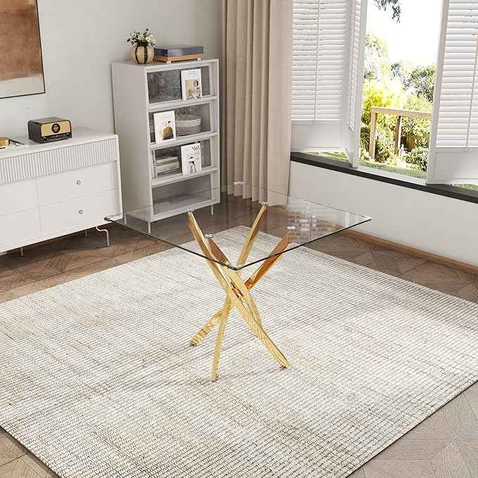 AF ARTISAN FURNITURE 5 Piece Square Glass Dining Table Set, Gold Glass Kitchen Table Set for 4 Modern Table Set with 4 Grey PU Upholstered Dining Chairs, for Small Space, Breakfast Nook