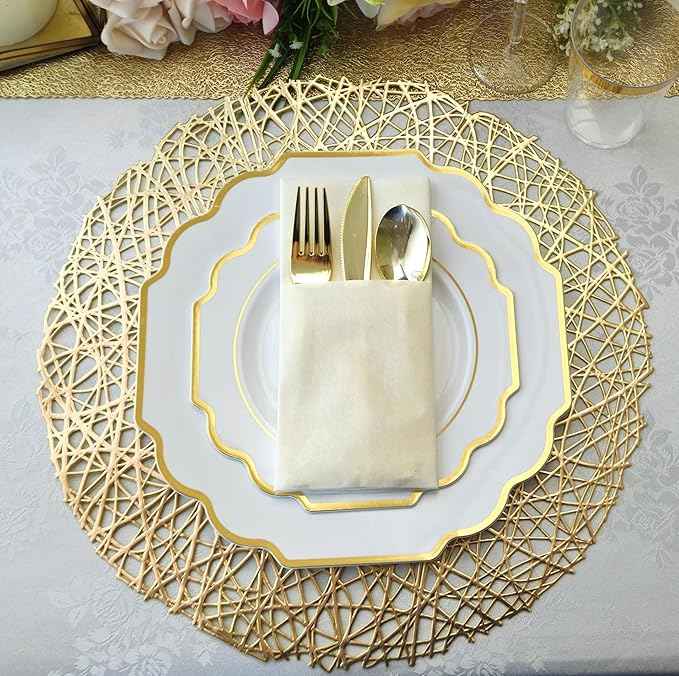 " OCCASIONS " 200 Piece set (25 Guests)-Wedding Plastic Plates & cutlery -Disposable heavyweight Dinnerware 10.5'', 8'' + Silverware + Cups + Napkins (Imperial White & Gold)