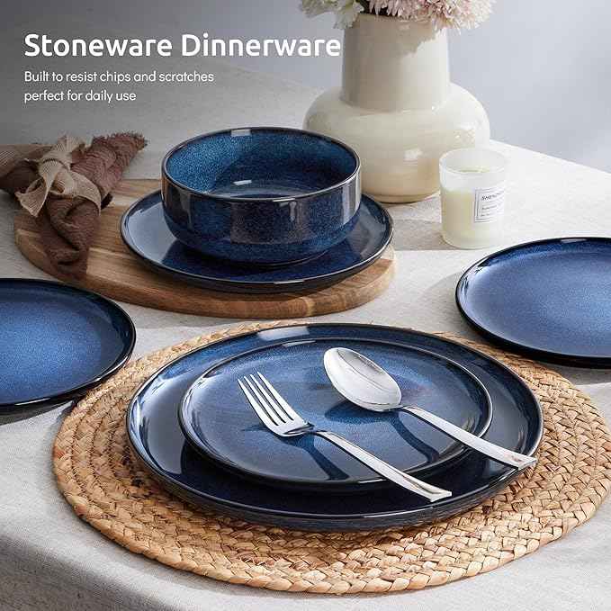 E-far Dinnerware Sets for 2, 6-Piece Stoneware Plates and Bowls Set, Ceramic Dishes Reactive Glaze Dinning Ware, Microwave & Dishwasher Safe - Deep Sea Blue