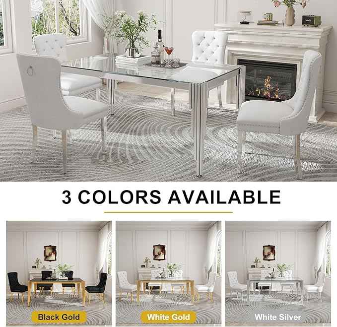 63'' Modern Glass Dining Table for 4-6 People,Tempered Glass Top Dining Room Table with Stainless Steel Base, Glass and Silver Dining Table for 6, Rectangle Dining Kitchen Table for Dinner