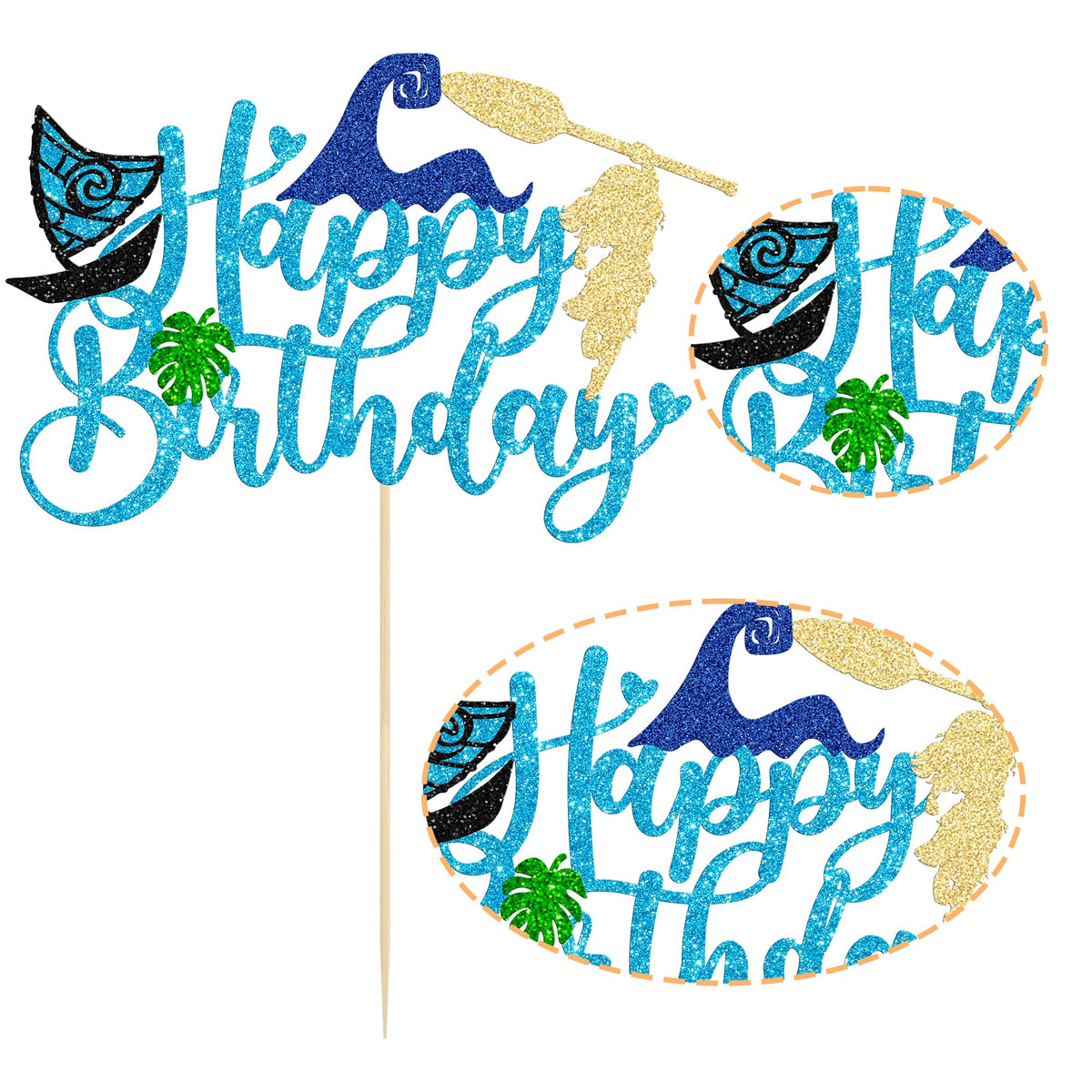 1Pcs Summer Cake Topper Glitter Tree Flower Happy Birthday Cake Pick Decoration for Tropical Hawaiian Luau Theme Baby Shower Kids Birthday Party Cake Decorations Supplies Blue (Blue 4)