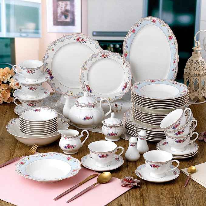 Joseph Sedgh Collection "Romantic Bloom" 57-Piece Bone China Dinnerware Set, Service for 8, Floral with Blue and Gold Trim