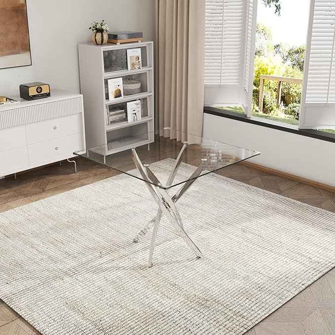 AF ARTISAN FURNITURE 5 Piece Square Glass Dining Table Set, Silver Glass Kitchen Table Set for 4 Modern Table Set with 4 Grey PU Upholstered Dining Chairs, for Small Space, Breakfast Nook