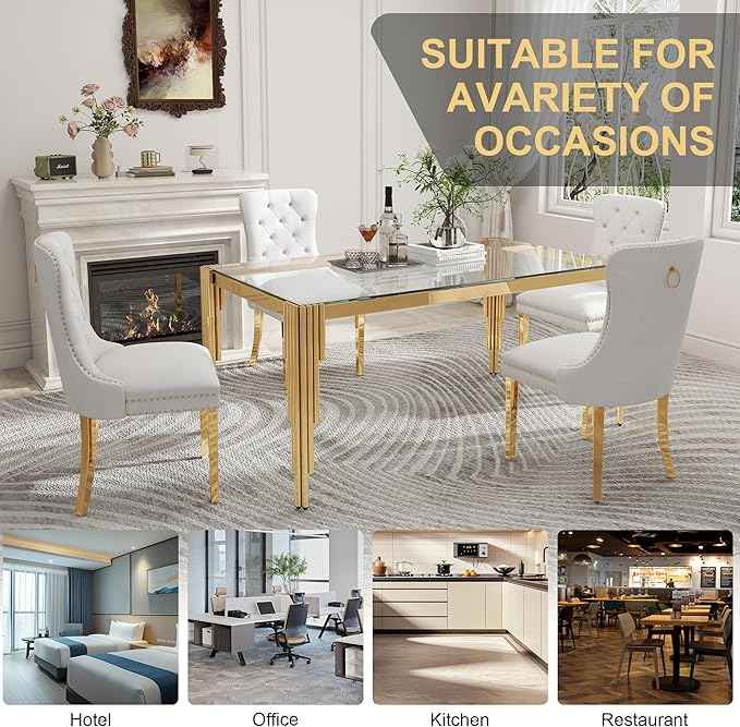 63'' Modern Glass Dining Table for 4-6 People,Tempered Glass Top Dining Room Table with Stainless Steel Base, Glass and Gold Dining Table for 6, Rectangle Dining Kitchen Table for Dinner