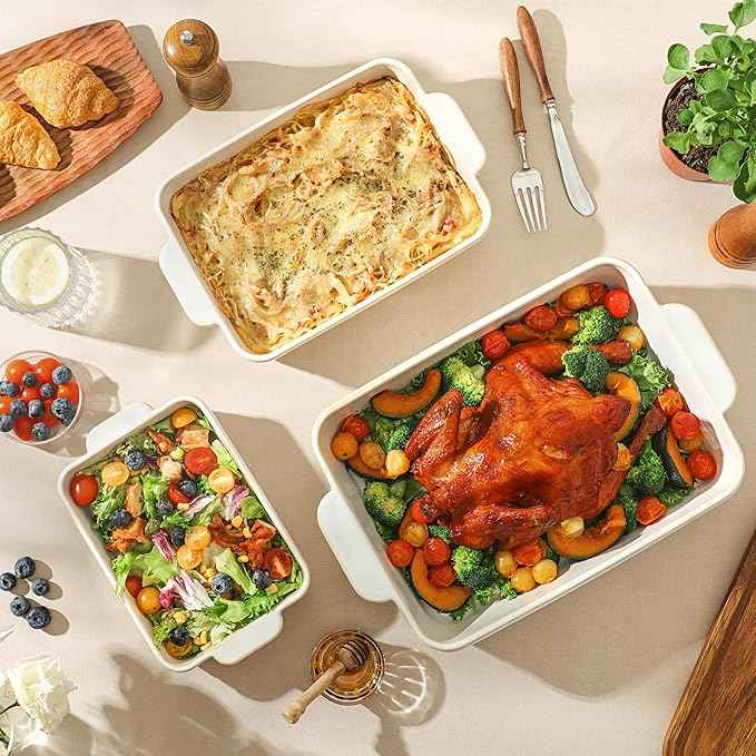 Casserole Dishes for Oven, Ceramic Baking Dishes Set of 3, Rectangular Lasagna Pans Casserole Dish Set for Baking, Cooking, Kitchen, Cake Dinner, Banquet (15.4''/12.3''/9.8'')
