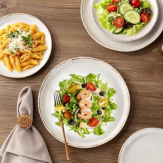 AmorArc Ceramic Dinnerware Sets for 4, 12 Pieces Handpainted Plates and Bowls Set with Rustic Terracotta Underside, Scratch Resistant Stoneware Dishes Set, Dishwasher & Microwave Safe, Beige