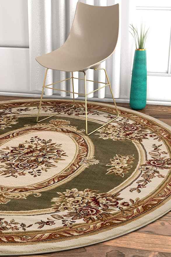 Well Woven Timeless Collection Le Petit Palais Green 5' Foot Round Luxurious Traditional French Medallion Oriental Area Rug Living Room Bedroom Dining Room Easy-to-Clean Durable Design
