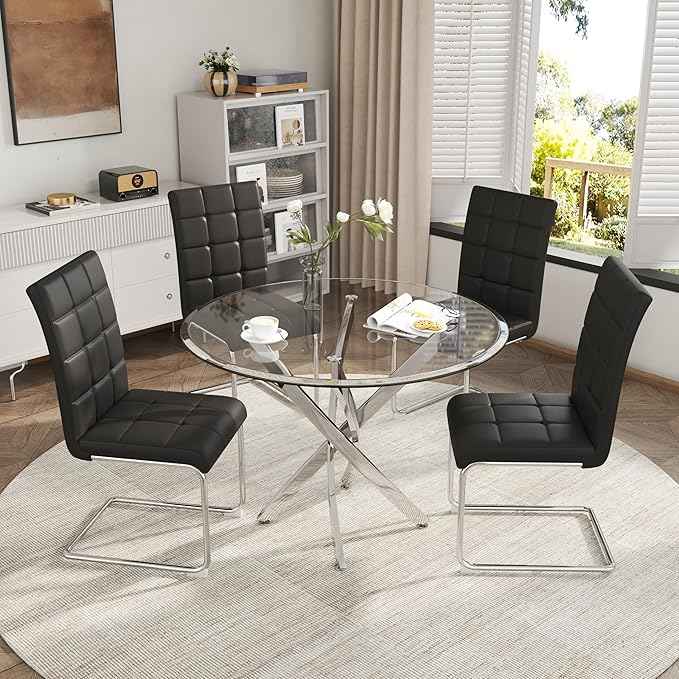AF ARTISAN FURNITURE 5 Piece Round Glass Dining Table Set, Silver Glass Kitchen Table Set for 4 Modern Table Set with 4 Black PU Upholstered Dining Chairs, for Small Space, Breakfast Nook