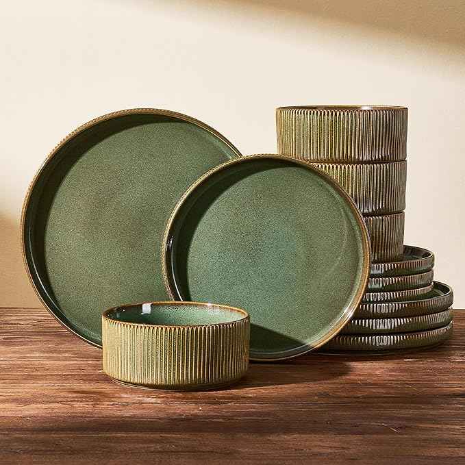 Stoneware Dinnerware Sets, Handcrafted Double Reactive Glaze Plates and Bowls for Everyday & Formal Dining, Microwave & Dishwasher Safe, Scratch Resistant Dishes Service for 4 (12-Piece), Moss