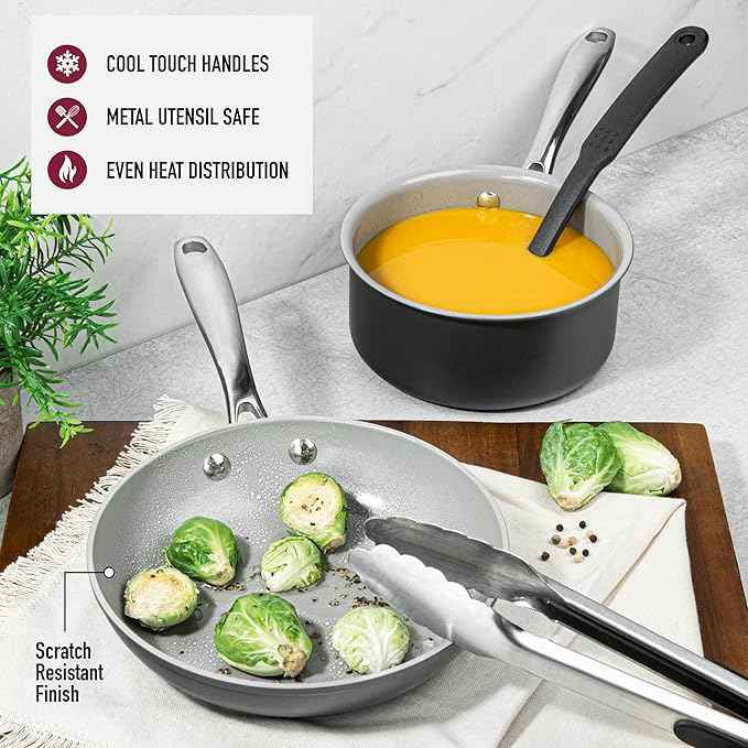 Granitestone Pro 13pcs Pots and Pans Set Non Stick Ceramic Cookware Set with 5 Utensils, Premium Chef Quality Hard Anodized Exterior with Diamond and Mineral Coating, Oven and Dishwasher Safe