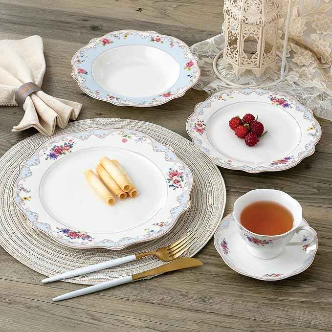 Joseph Sedgh Collection "Romantic Bloom" 20-Piece Bone China Dinnerware Set, Service for 4, Floral with Blue and Gold Trim