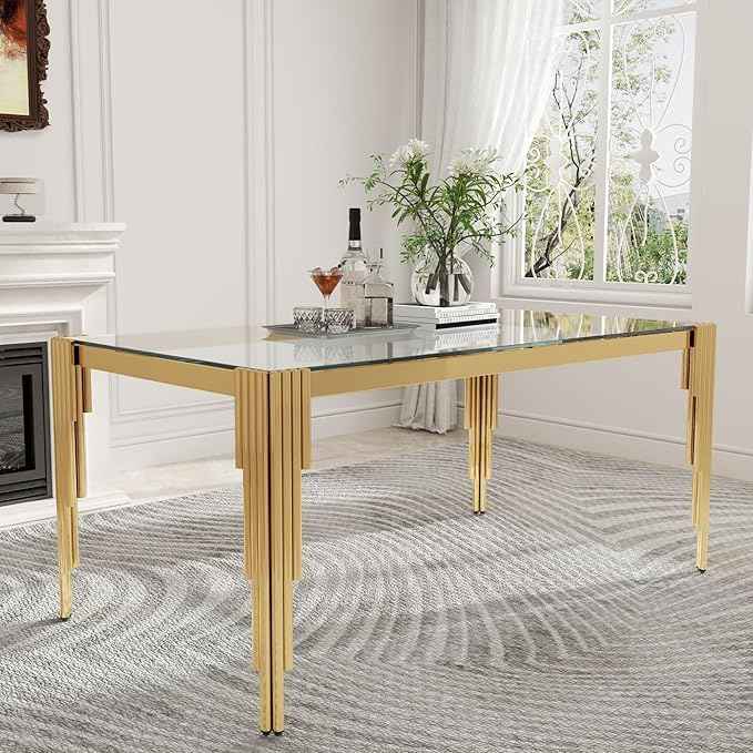 63'' Modern Glass Dining Table for 4-6 People,Tempered Glass Top Dining Room Table with Stainless Steel Base, Glass and Gold Dining Table for 6, Rectangle Dining Kitchen Table for Dinner