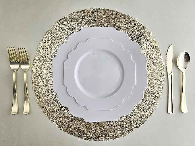 " OCCASIONS " 960 Piece set (120 Guests)-Heavyweight Wedding Party Disposable Plastic Plate Set - 120 x 10.5'' + 120 x 8'' + Silverware + 12oz Cups + Napkins (Imperial in White)