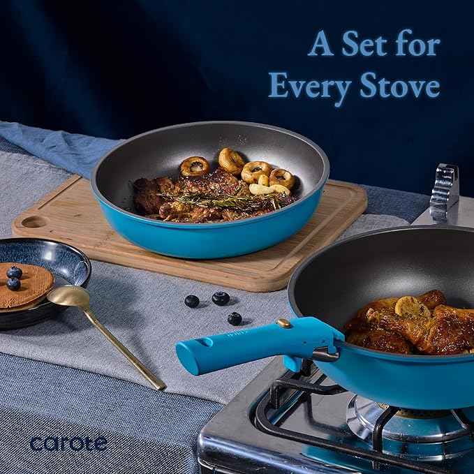 CAROTE 21pcs Pots and Pans Set, Nonstick Cookware Set Detachable Handle, Induction Kitchen Cookware Sets Non Stick with Removable Handle, RV Cookware Set, Peacock Blue