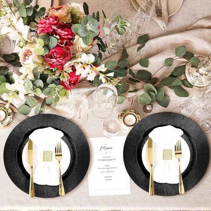 Tanlade 50 Pcs Charger Plates Bulk, 13 Inch Plastic Round Charger Dinner Plates Elegant Wedding Serving Plate for Event Tabletop Wedding Party Bridal Baby Shower Decor (Black)