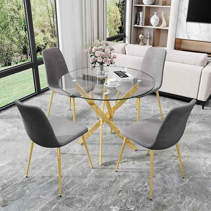 AF ARTISAN FURNITURE 36" Round Glass Dining Table Set for 4, 5-Piece Modern Kitchen Table with 4 Grey Velvet Chairs, Modern Circle Leisure Table for Home Office Dining Room Small Spaces (Gold Leg)