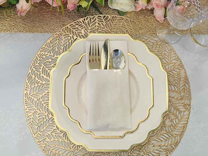 " OCCASIONS " 200 Piece set (25 Guests)-Wedding Plastic Plates & cutlery -Disposable heavyweight Dinnerware 10.5'', 8'' + Silverware + Cups + Napkins (Imperial Ivory & Gold)