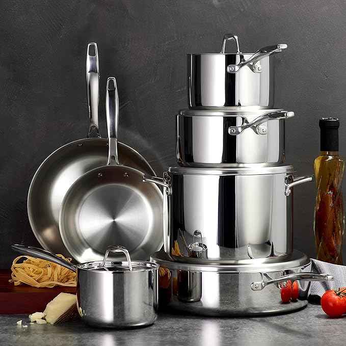 Tramontina Signature Tri-Ply Clad Stainless Steel 12-Piece Cookware Set with Lids, Pots and Pans Kitchen Set, Induction-Ready, Dishwasher-Safe, NSF-Certified, Made in Brazil