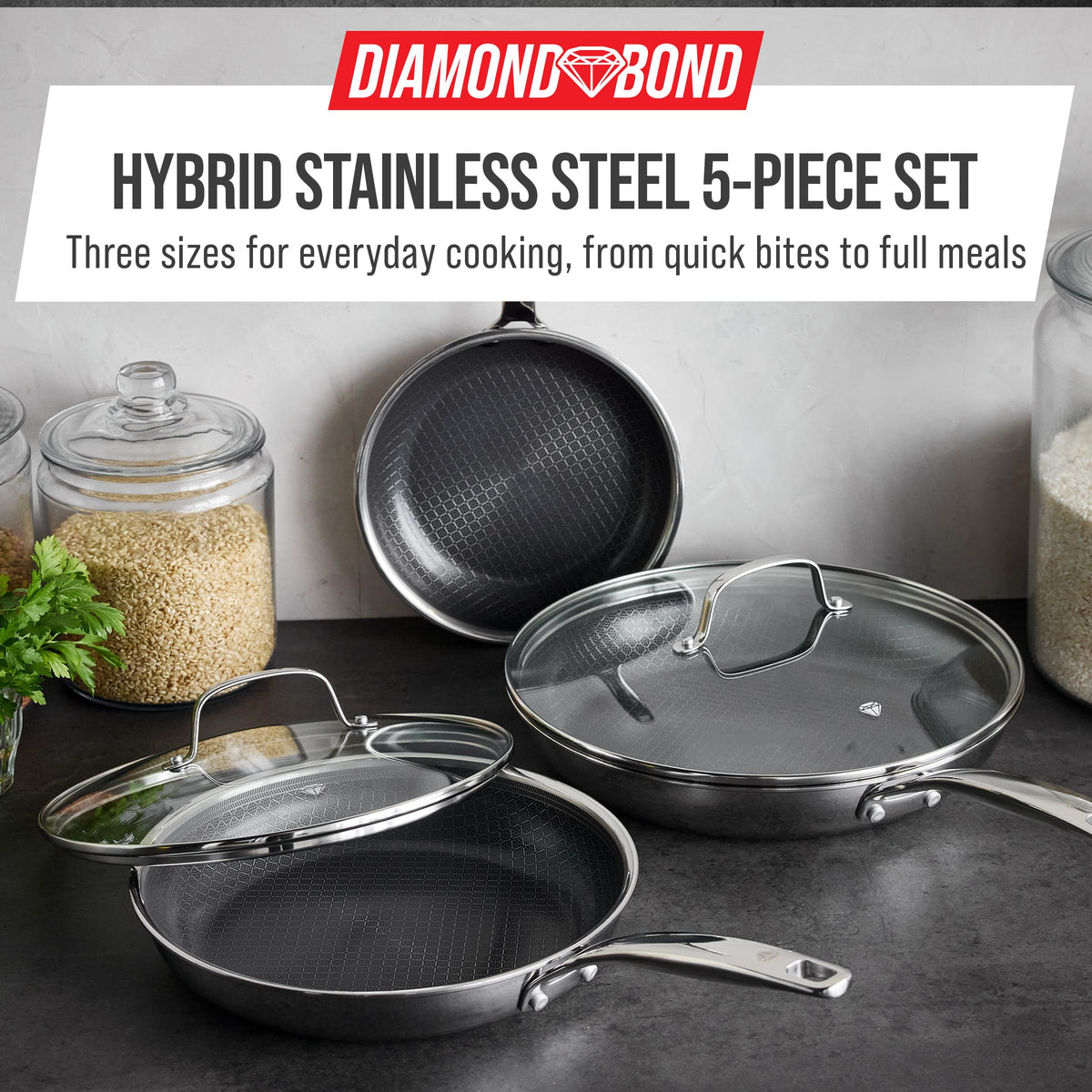 Hybrid 5pc Stainless Steel Nonstick Fry Pan Set with Two Lids (5 Piece Frying Pan Set)