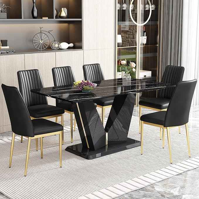 Black Dining Chairs Set of 6 Modern PU Leather Kitchen Chairs with Metal Legs Armless Upholstered Chair for Dinner Room, Office, Waiting Room(Set of 6, Black Golden Chair)
