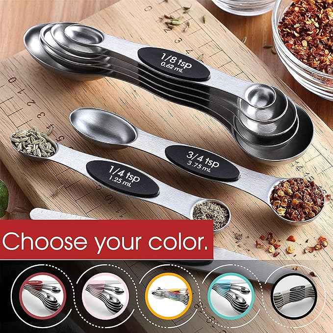 Spring Chef Stainless Steel Magnetic Measuring Spoons Set with Strong N45 Magnets, Heavy Duty Metal Kitchen Gadgets for Baking & Cooking, Fits in Most Kitchen Spice Jars, Set of 8 with Leveler, Black
