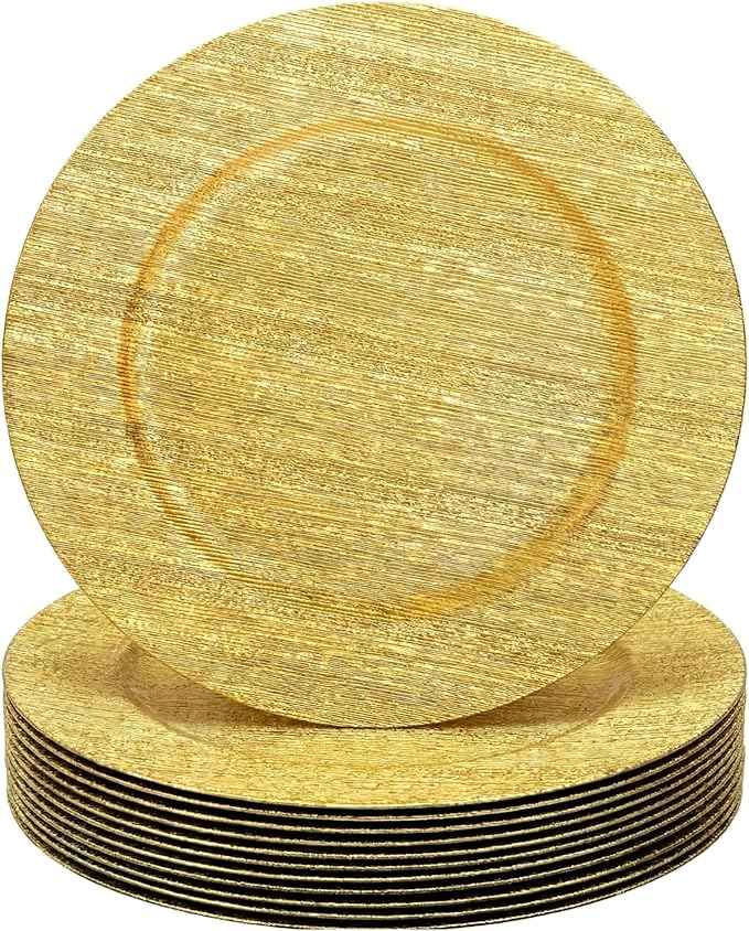 Tanlade 12 Pcs Charger Plates Bulk 13 Inch Plastic Texture Strip Wedding Chargers Floral Decorative Plates with Metallic Ruffled Rim for Wedding Party, Holiday Event Supplies(Gold)