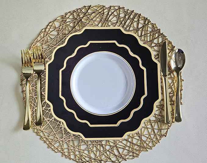 " OCCASIONS " 640 Piece set (80 Guests)-Heavyweight Wedding Party Disposable Plastic Plate Set - 80 x 10.5'' + 80 x 8'' + Silverware + Cups + Napkins (Imperial in White & Black & Gold)