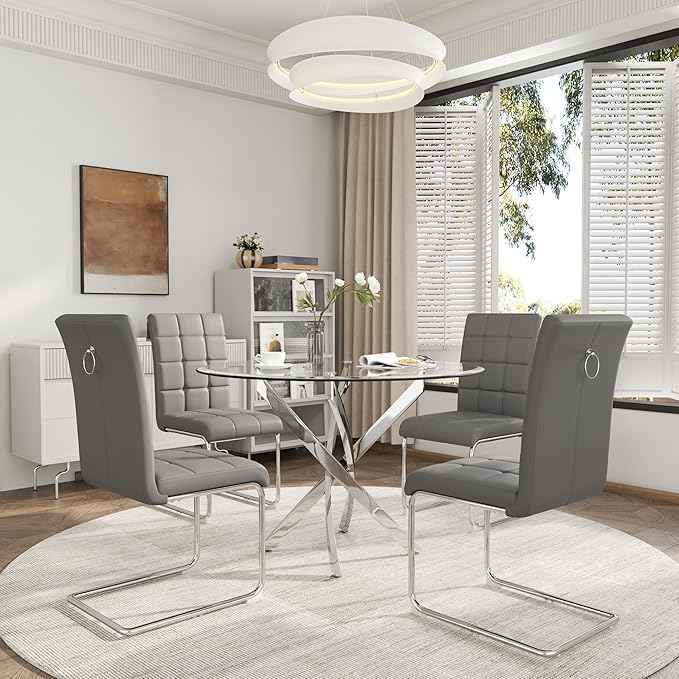 AF ARTISAN FURNITURE 5 Piece Round Glass Dining Table Set, Silver Glass Kitchen Table Set for 4 Modern Table Set with 4 Grey PU Upholstered Dining Chairs, for Small Space, Breakfast Nook