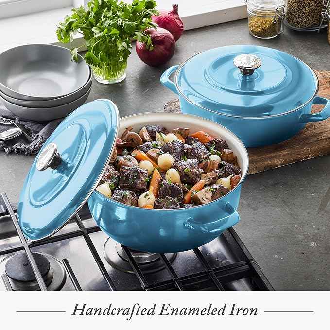 Merten & Storck 3.7QT & 5.5QT Dutch Ovens with Lids, 4 Piece Cookware Set, European Crafted Enameled Iron Stockpot, Induction & All Cooktops, Braising, Stews, Roasting, Slow Cooking, Sourdough, Caribbean Blue