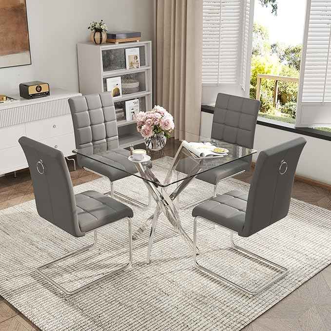 AF ARTISAN FURNITURE 5 Piece Square Glass Dining Table Set, Silver Glass Kitchen Table Set for 4 Modern Table Set with 4 Grey PU Upholstered Dining Chairs, for Small Space, Breakfast Nook