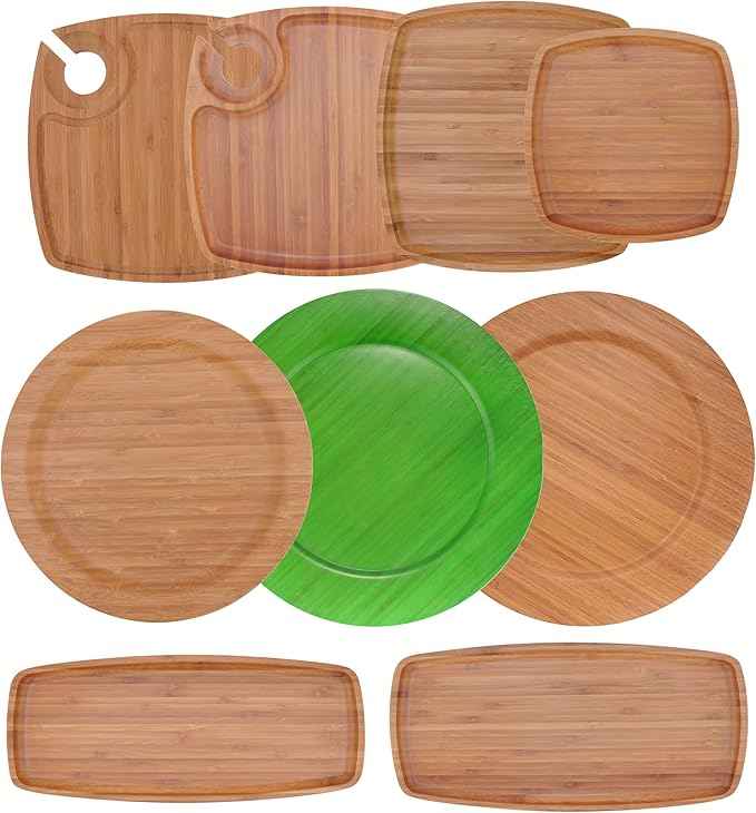 BambooMN 13" Dia Green Bamboo Reusable Dinnerware Charger Round Plates for Catered Events, Holidays, or Home Use Supplies, 10 Pcs