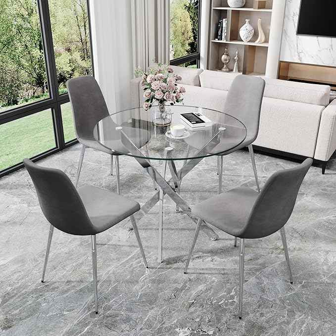 36" Round Glass Dining Table Set for 4, 5-Piece Modern Kitchen Table with 4 Grey Velvet Small Chairs, Modern Circle Leisure Tables for Home Office Dining Room Small Spaces (Silver Leg)