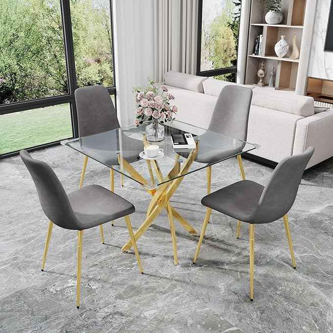 AF ARTISAN FURNITURE 36" Square Glass Dining Table Set for 4, 5-Piece Modern Kitchen Table with 4 Grey Velvet Chairs, Modern Circle Leisure Table for Home Office Dining Room Small Spaces (Gold Leg)